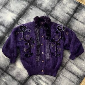 Vintage Purple Floral Women's Sweater, Mink and Angora
